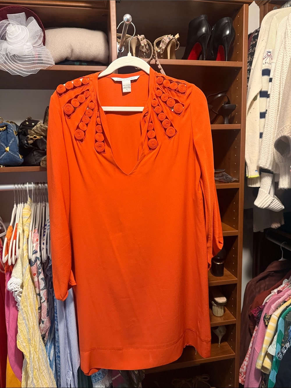 Diane Von Furstenberg Orange Long-Sleeve V-Neck Dress with Rosette Accents